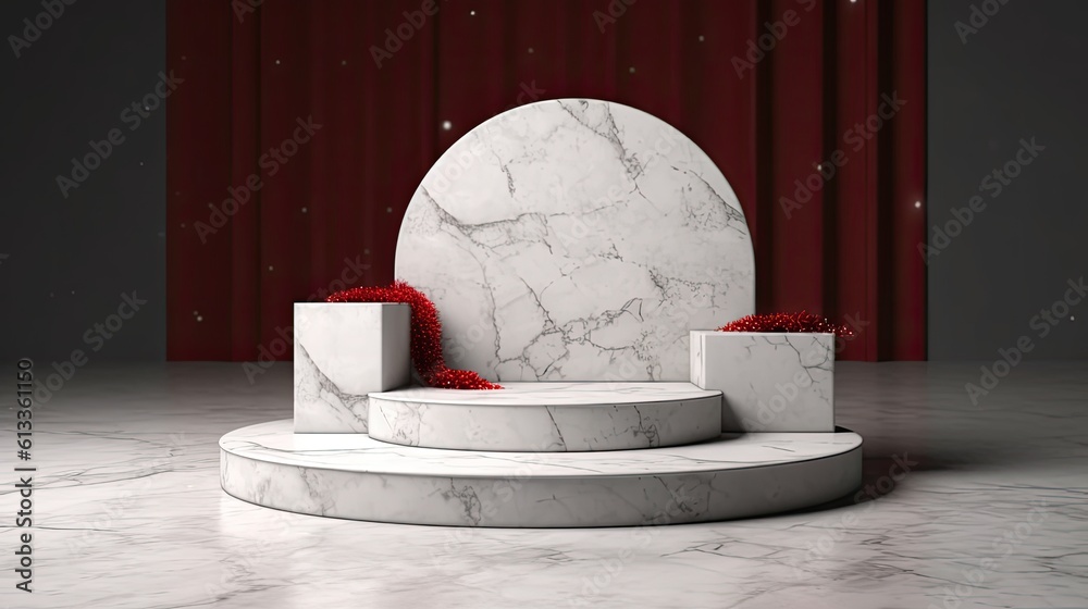 Empty podium of Marble Christmas Podium For Merchandise And Stock Display. Generative Ai