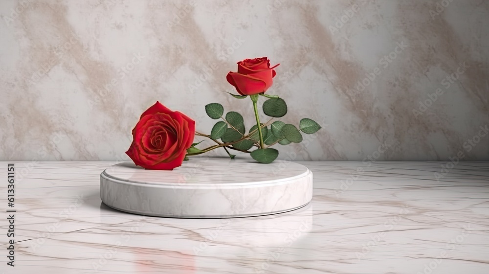 Empty podium of marble pedestal for product presentation with beautiful fresh red rose background. G