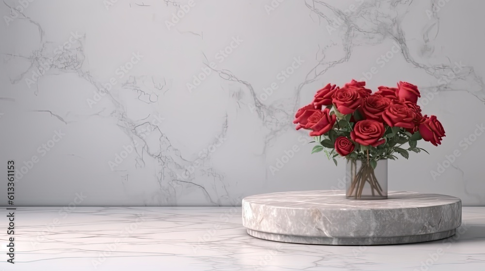 Empty podium of marble pedestal for product presentation with beautiful fresh red rose background. G