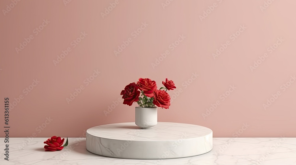 Empty podium of marble pedestal for product presentation with beautiful fresh red rose background. G