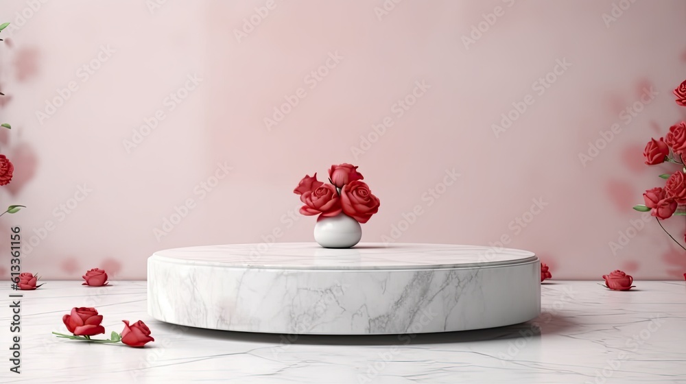 Empty podium of marble pedestal for product presentation with beautiful fresh red rose background. G