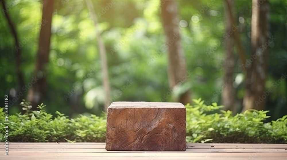 Empty podium wooden in open forest park, blurred green plant background with space. Organic products