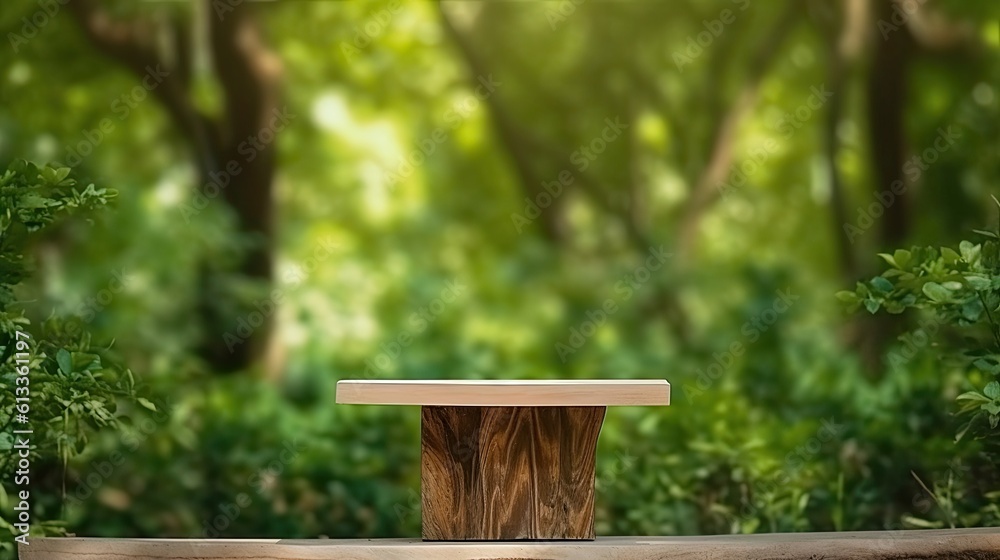 Empty podium wooden in open forest park, blurred green plant background with space. Organic products