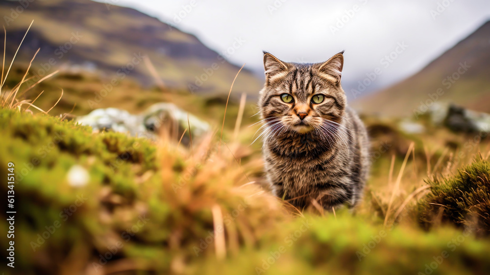 A beautiful Scottish wildcat on forest. Generative AI.