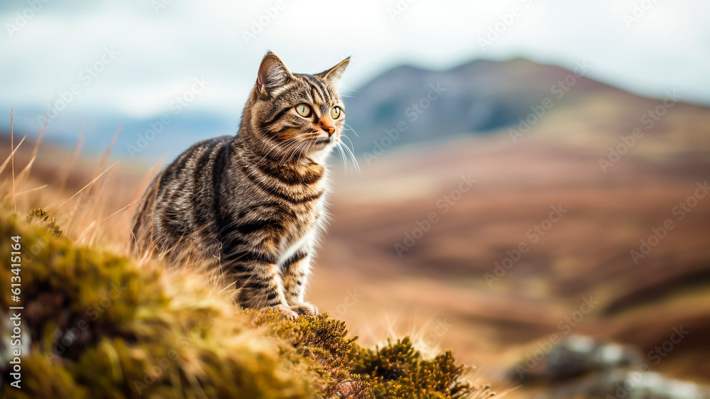 A beautiful Scottish wildcat standing on the top of a mountain. Generative AI.