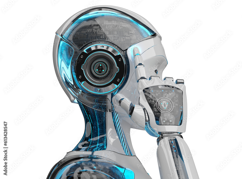 Futuristic woman robot touching her head. Isolated cyborg using artificial intelligence. 3D renderin