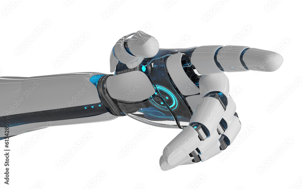 Isolated robot hand pointing finger. 3D rendering white and blue cyborg arm. Humanoid fingers cut ou