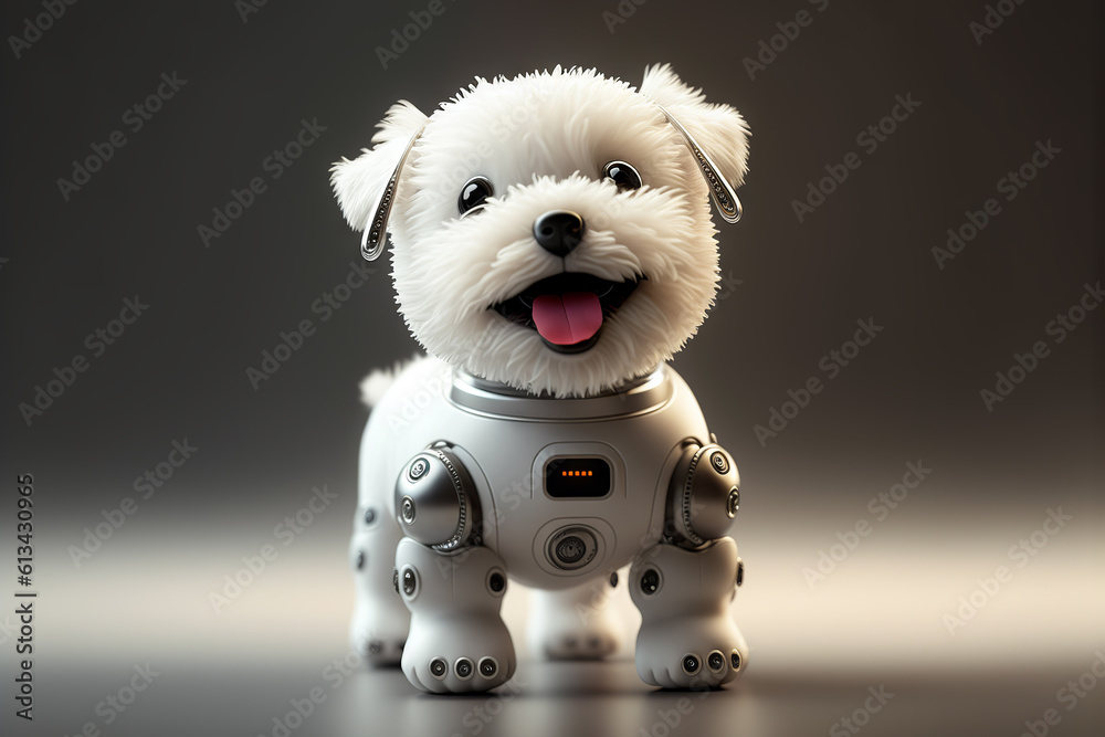 Cute robotic puppy on empty background. White happy little dog robot. Futuristic pet assistant power