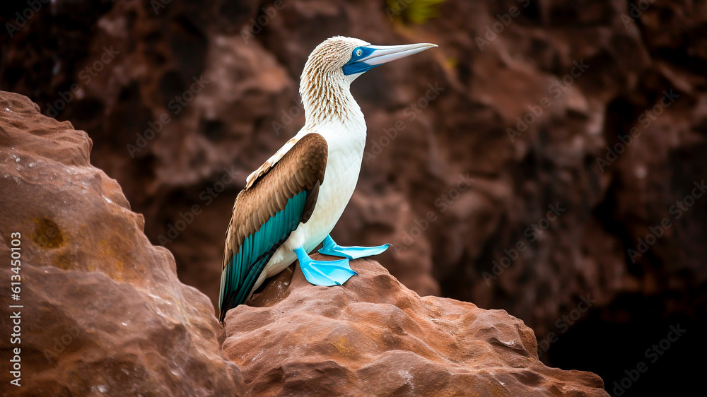 Blue footed booby (Sula nebouxii) sitting on a rock. Generative AI.