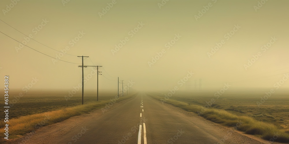 Misty empty road in lowlands. Foggy highway. Mystery travel concept. Generative AI