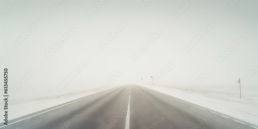 Minimalistic empty highway in winter. Road surrounded snow. Travel concept. Generative AI