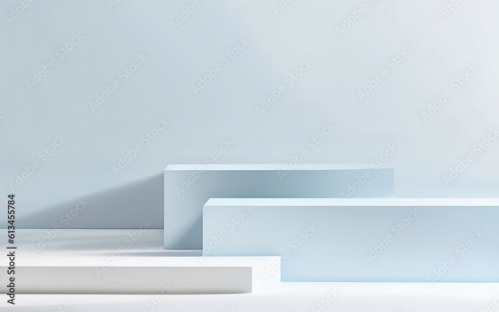 Beautiful minimalistic light blue background for product presentation with podiums on different tier