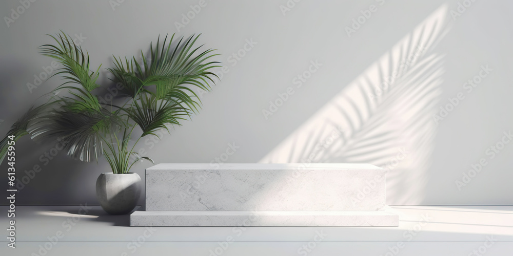 White product display podium with nature palm leaves. Generative AI