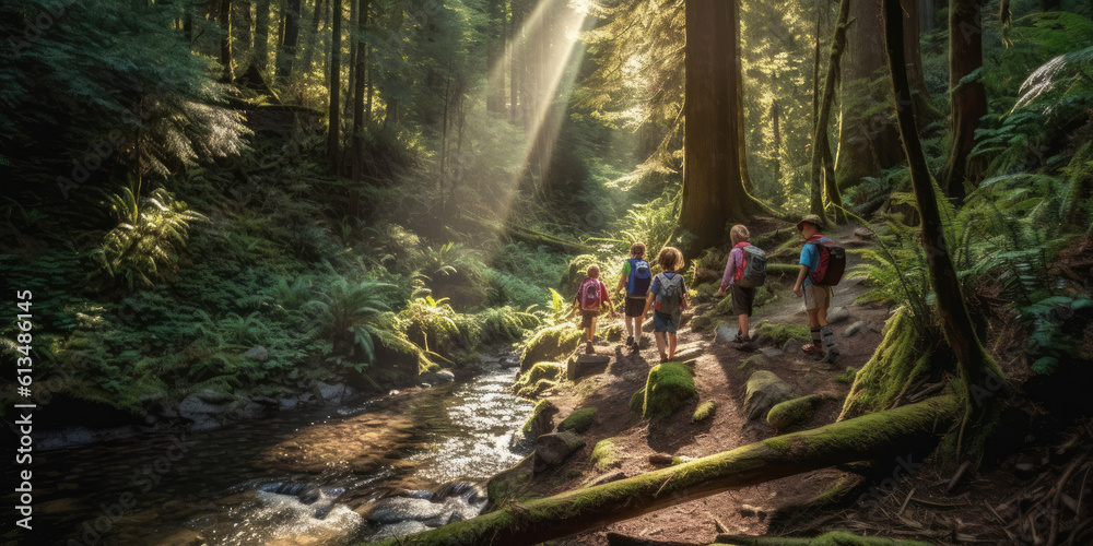 Discovering Nature: Children Hiking Through a Beautiful Forest, Exploring the Wild AI Generative