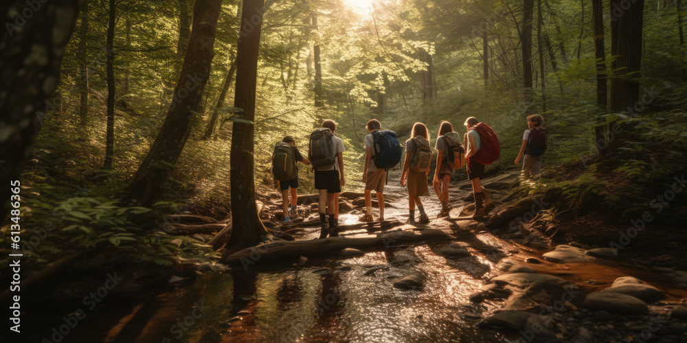 Discovering Nature: Children Hiking Through a Beautiful Forest, Exploring the Wild AI Generative