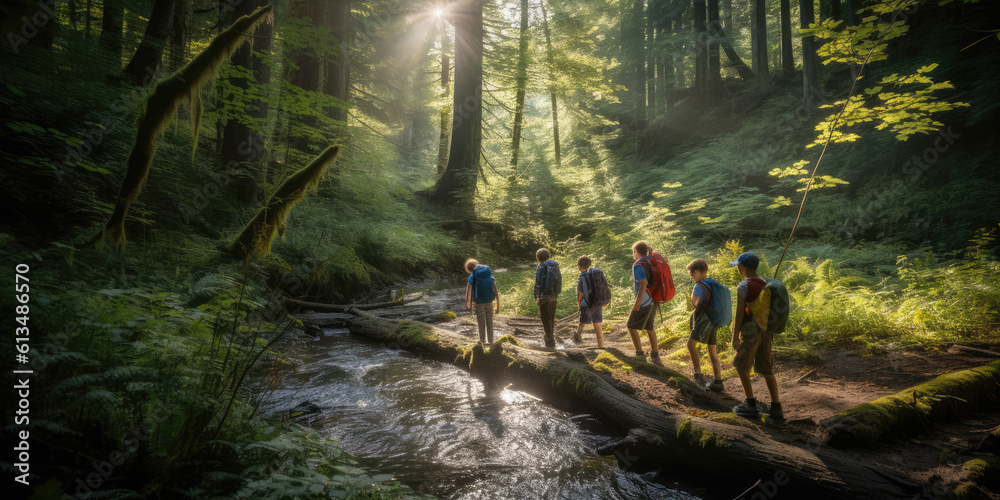 Discovering Nature: Children Hiking Through a Beautiful Forest, Exploring the Wild AI Generative