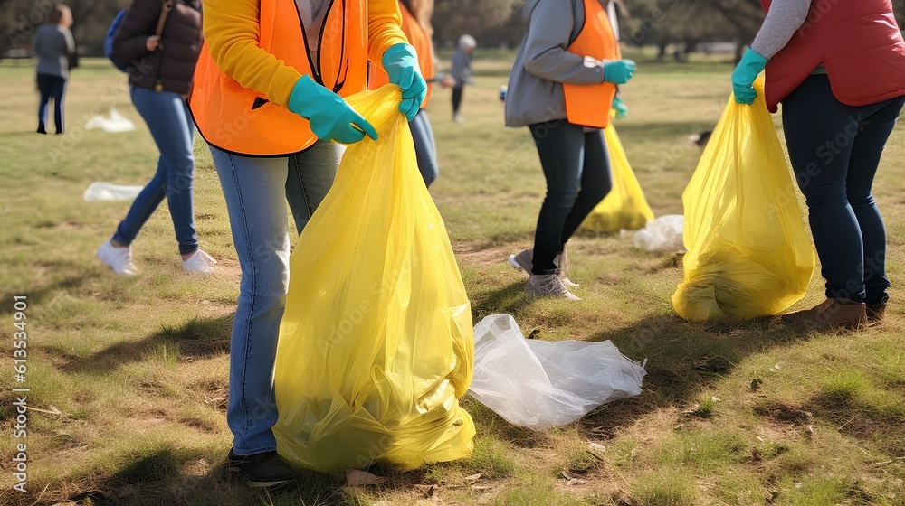 Volunteer workers equipped with clean-up bags. Community service, environmental responsibility, and 