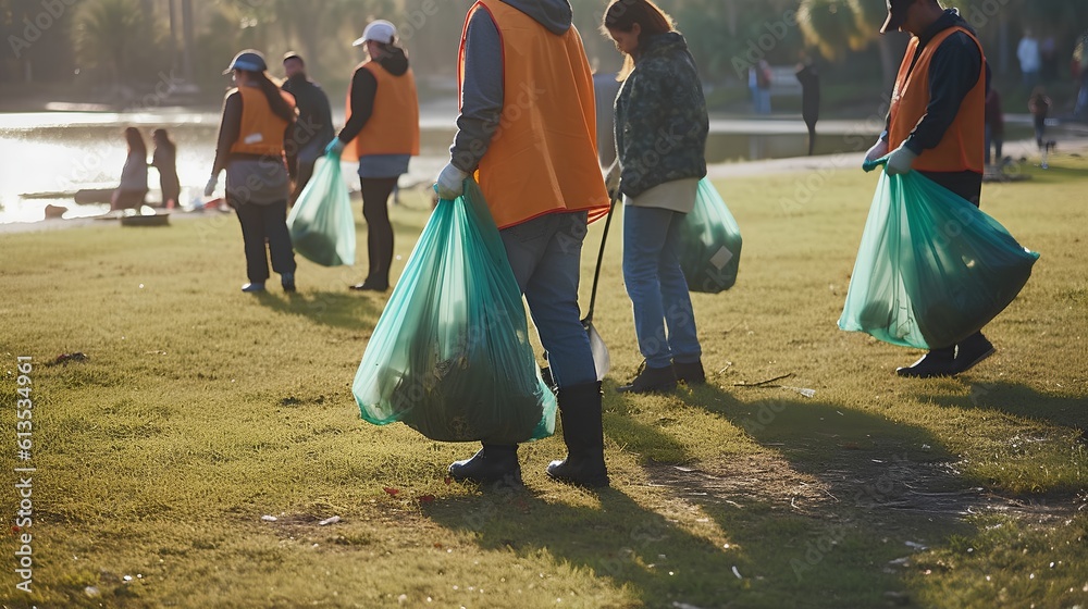 Volunteer workers equipped with clean-up bags. Community service, environmental responsibility, and 