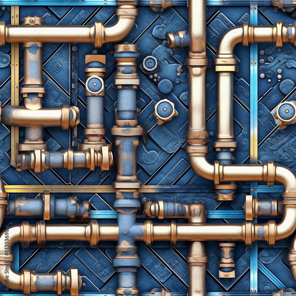 Seamless pattern with industrial pipes and valves. Repetitive background with plumbing tubes. Genera