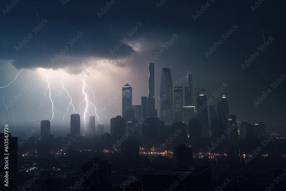 Electric thunder storm Night. Witness the dramatic scene as lightning strikes illuminate the dark st