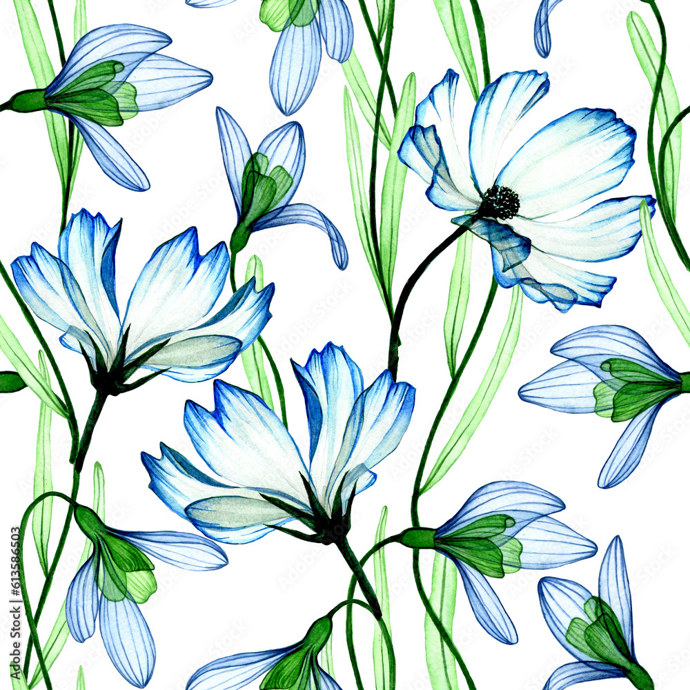 watercolor drawing. seamless pattern, print of transparent flowers. spring blue flowers on a white b