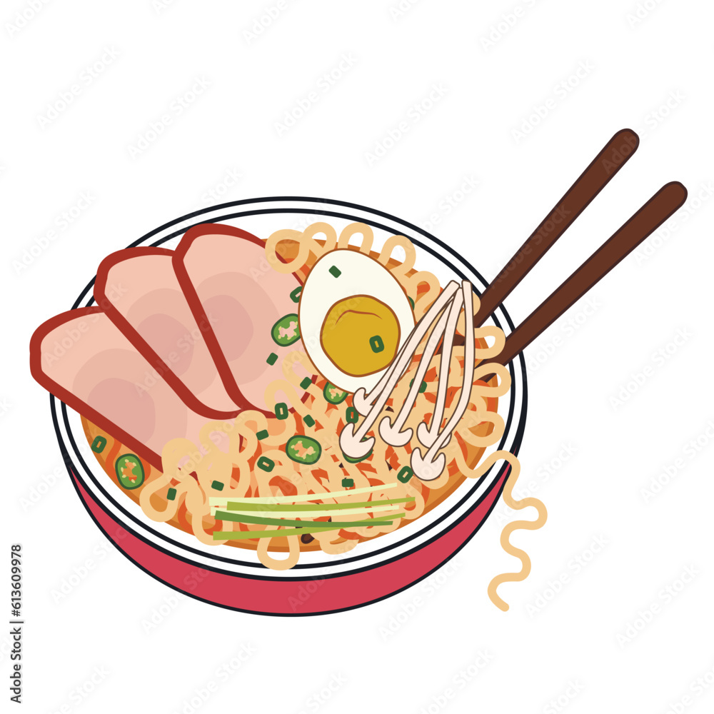 Bowl of tasty ramen soup on white background