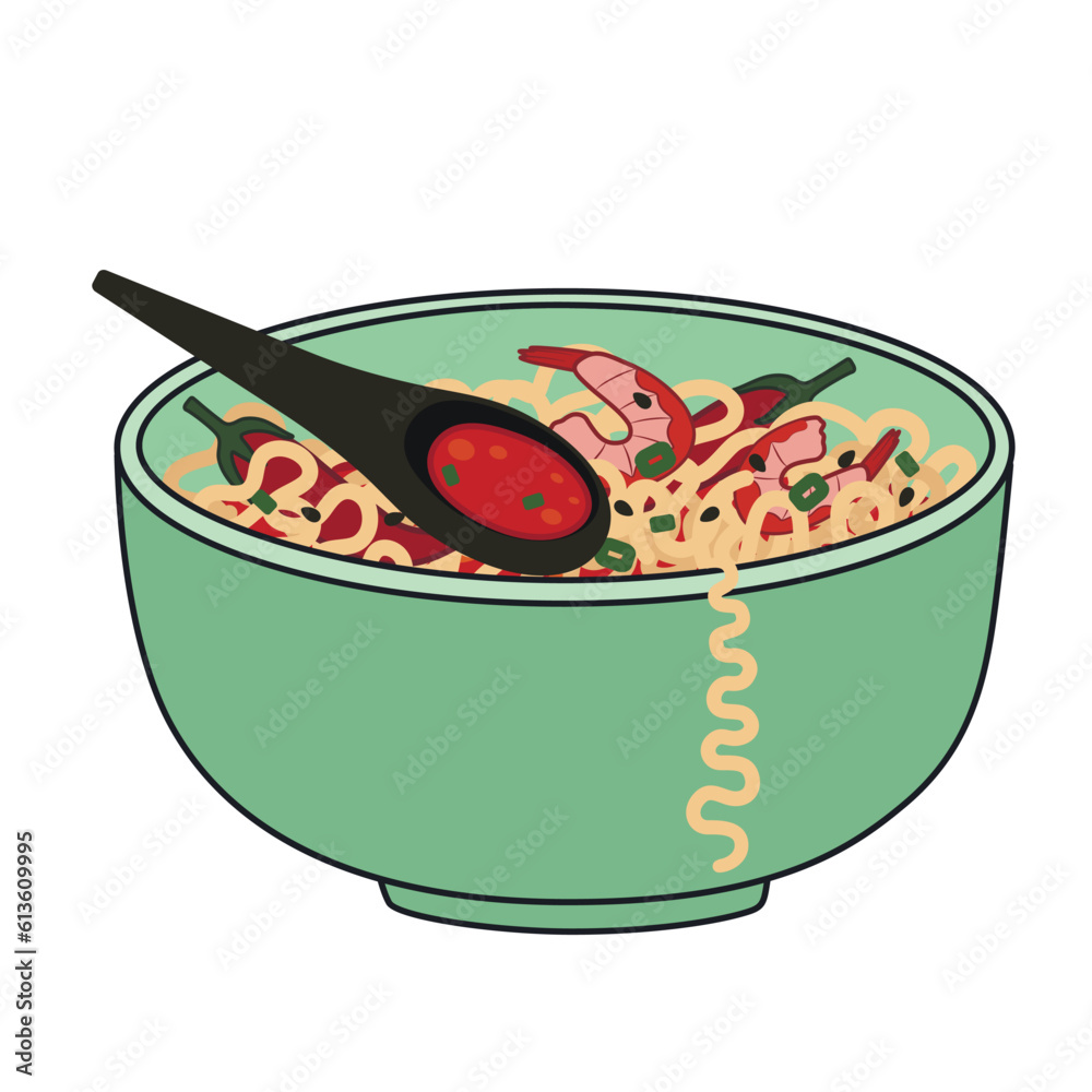 Bowl of tasty ramen soup on white background