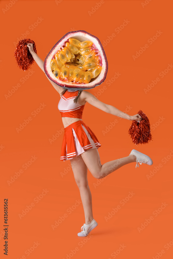 Beautiful cheerleader on color background