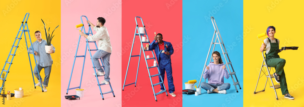 Collage of painters on color background