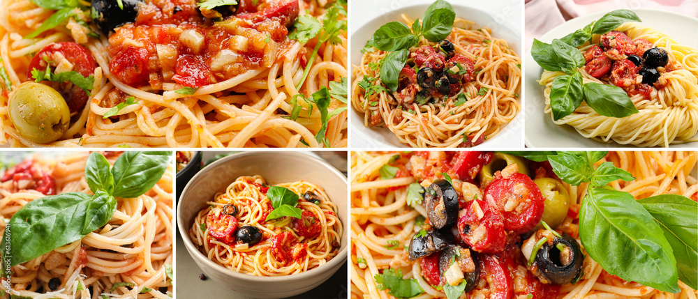 Collage with tasty pasta Puttanesca