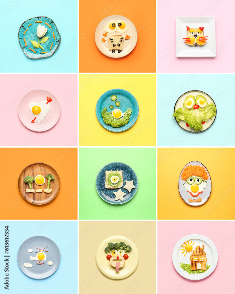 Collage of funny dishes for kids on color background, top view