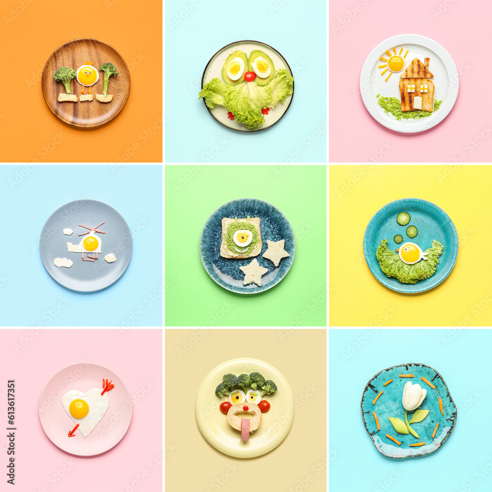 Collage of funny dishes for kids on color background, top view