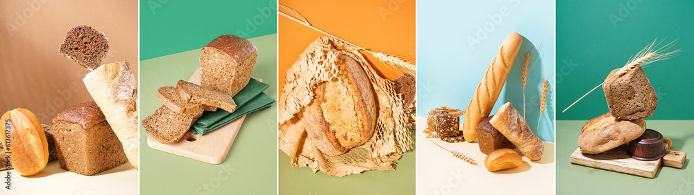 Collage of fresh bread on color background