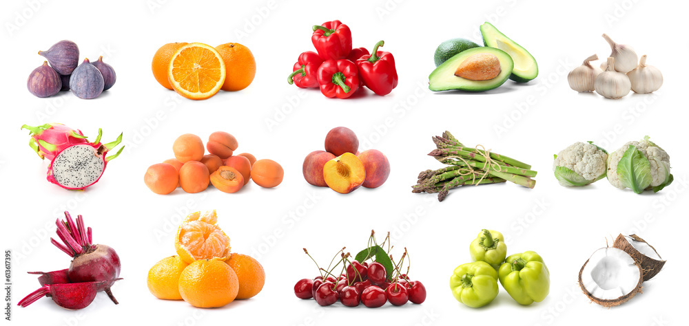 Collage of fresh vegetables and fruits isolated on white