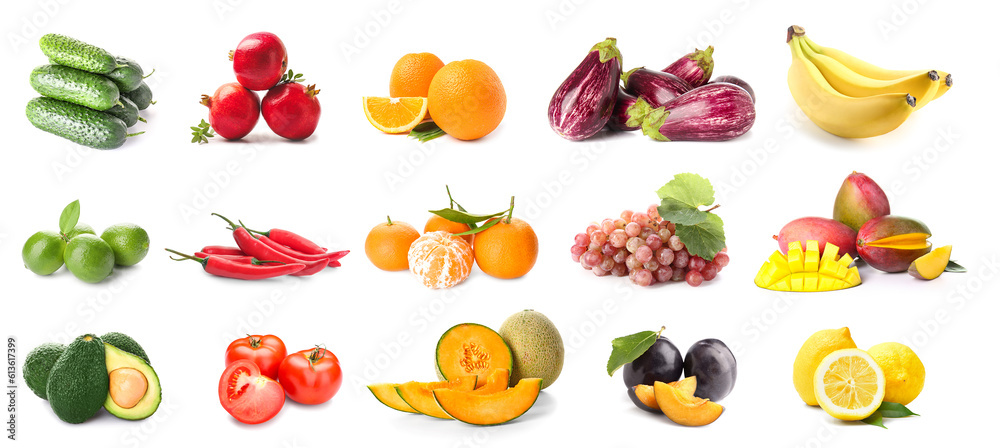 Collage of fresh vegetables and fruits isolated on white