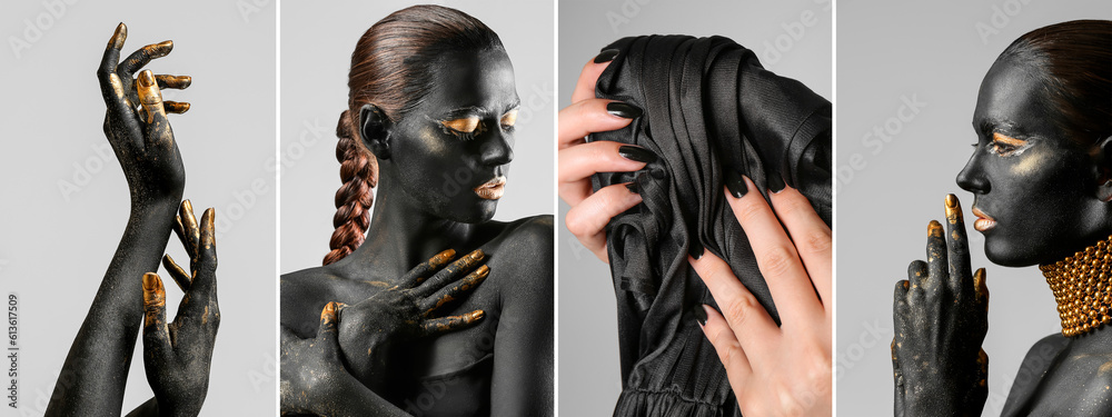 Collage of attractive woman with black and golden paint on her body and manicure against light backg