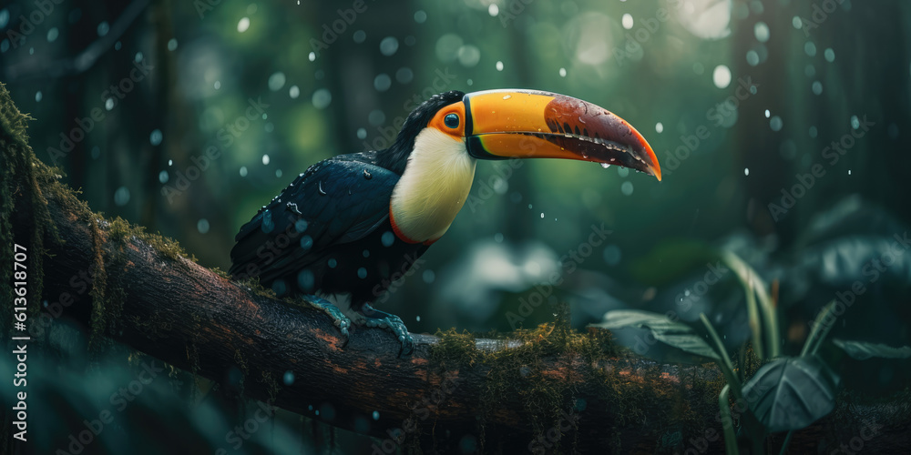 Vibrant Plumage. Colorful toucan on jungles natural habitat. Wildlife bird photography concept. AI 