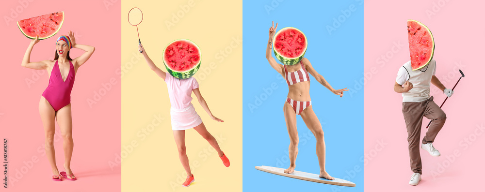 Set of people with juicy watermelons instead of their heads on color background