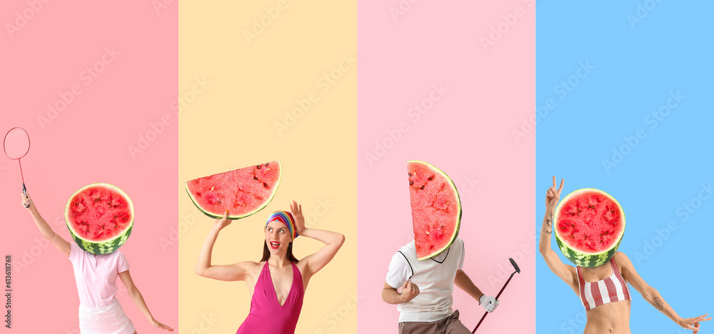 Set of people with juicy watermelons instead of their heads on color background