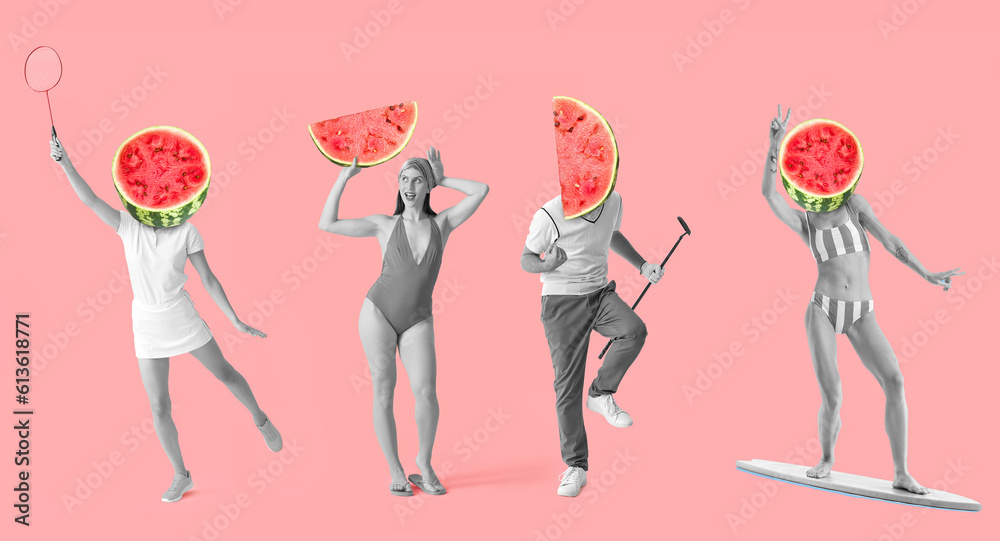 Set of people with juicy watermelons instead of their heads on pink background