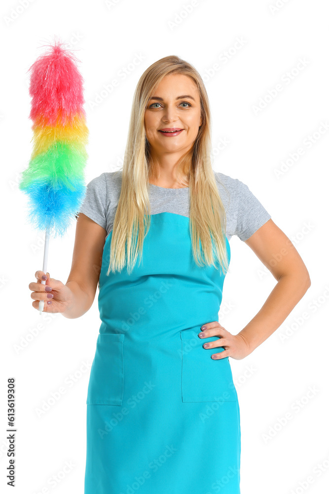 Woman with PP duster on white background