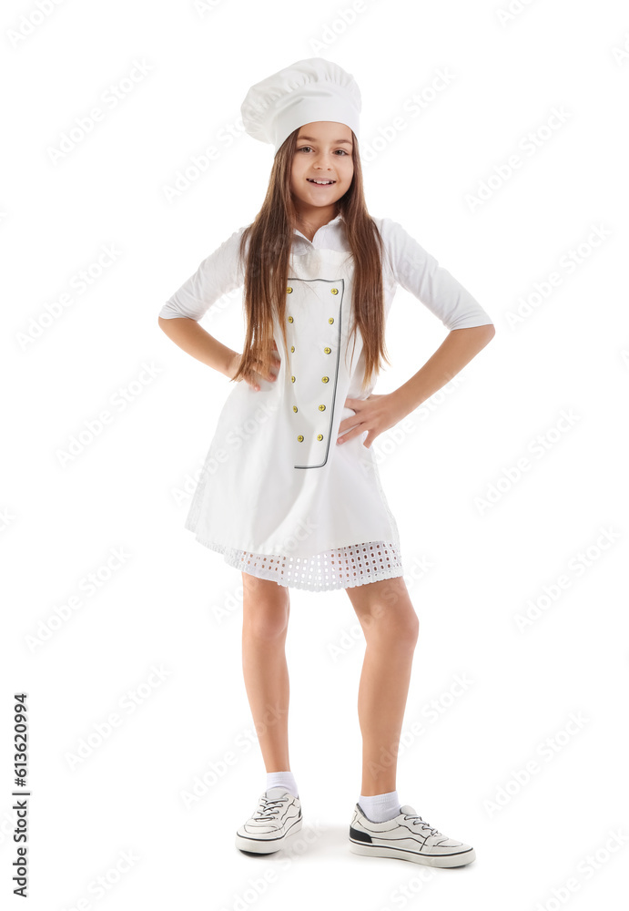 Little baker in uniform on white background