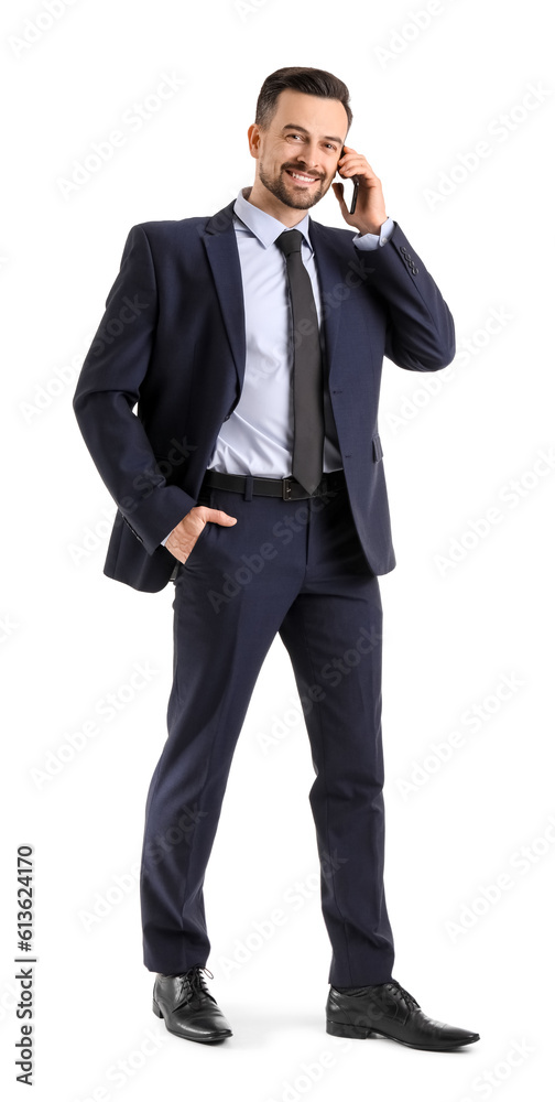 Handsome businessman talking by mobile phone on white background