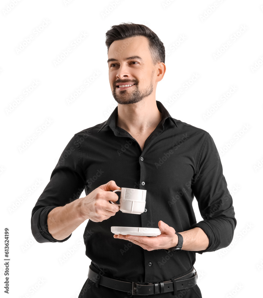 Handsome businessman with cup of coffee on white background