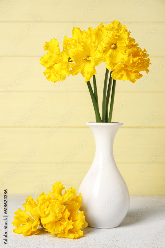 Vase with narcissus flowers on table near yellow wooden wall