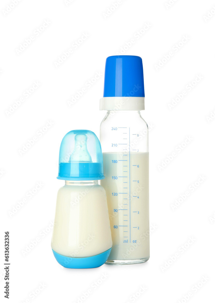 Bottles of milk for baby isolated on white background