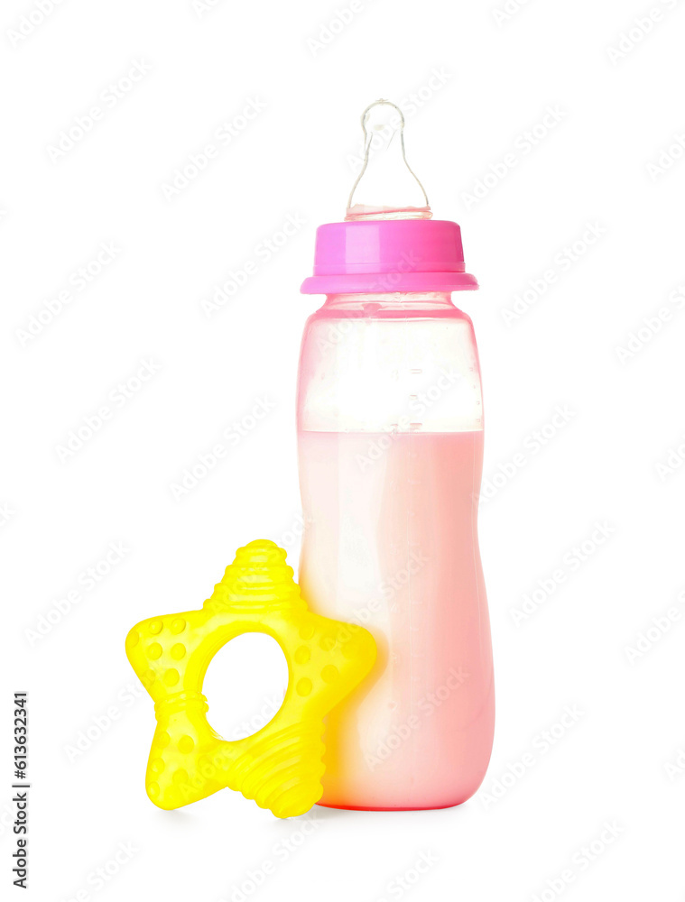 Bottle of milk for baby with teether isolated on white background