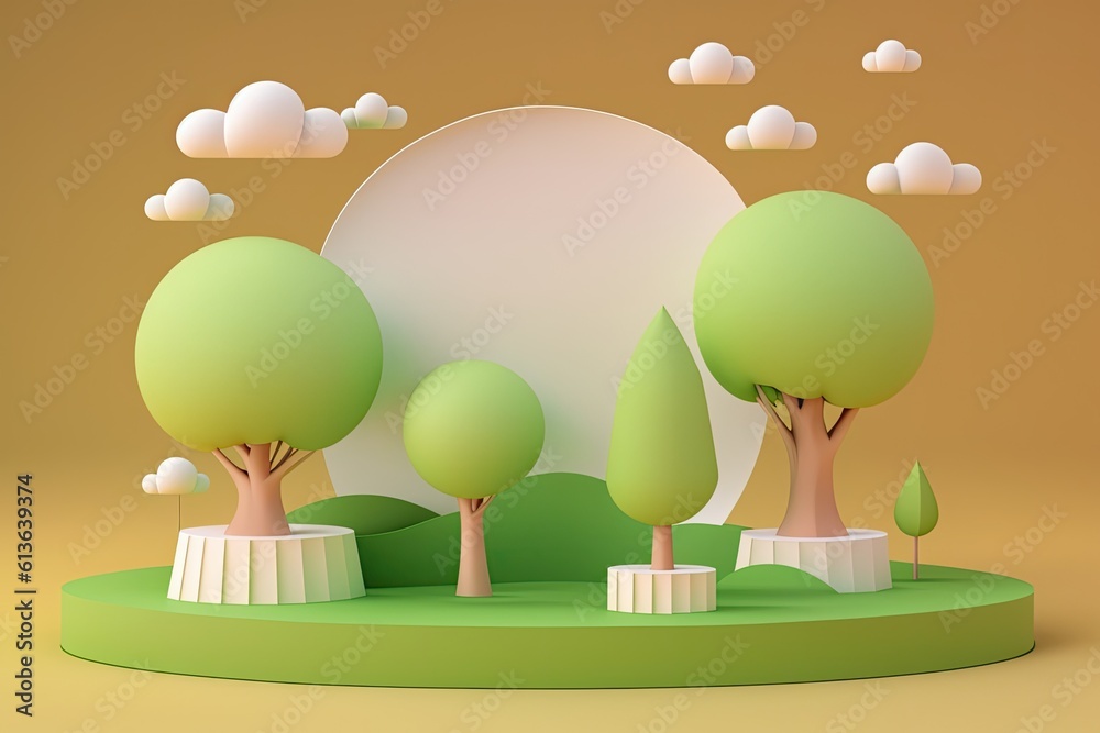 paper cut trees with cloudy sky background. Generative AI