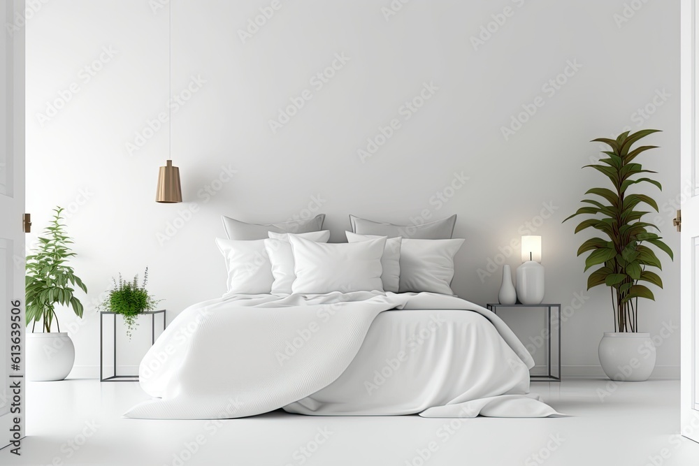 Minimalist White Bedroom with a Cozy Bed. Generative AI