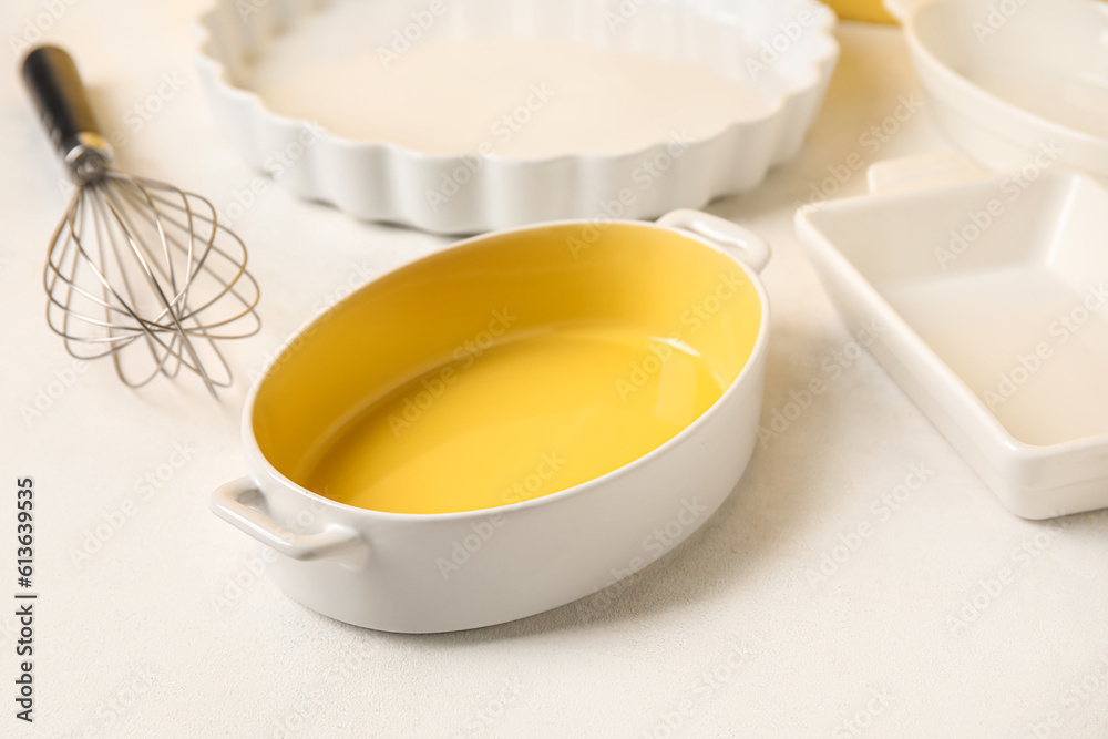 Set of different kitchen utensils for baking on color background, closeup